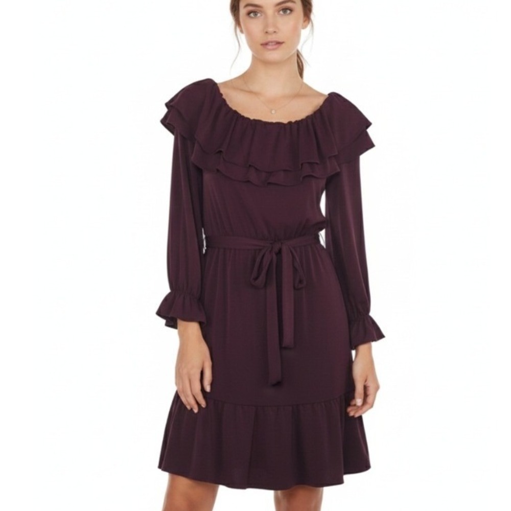 Michael Michael Kors Dress Womens S Burgundy Ruffle Belted Long‎ Sleeve Casual